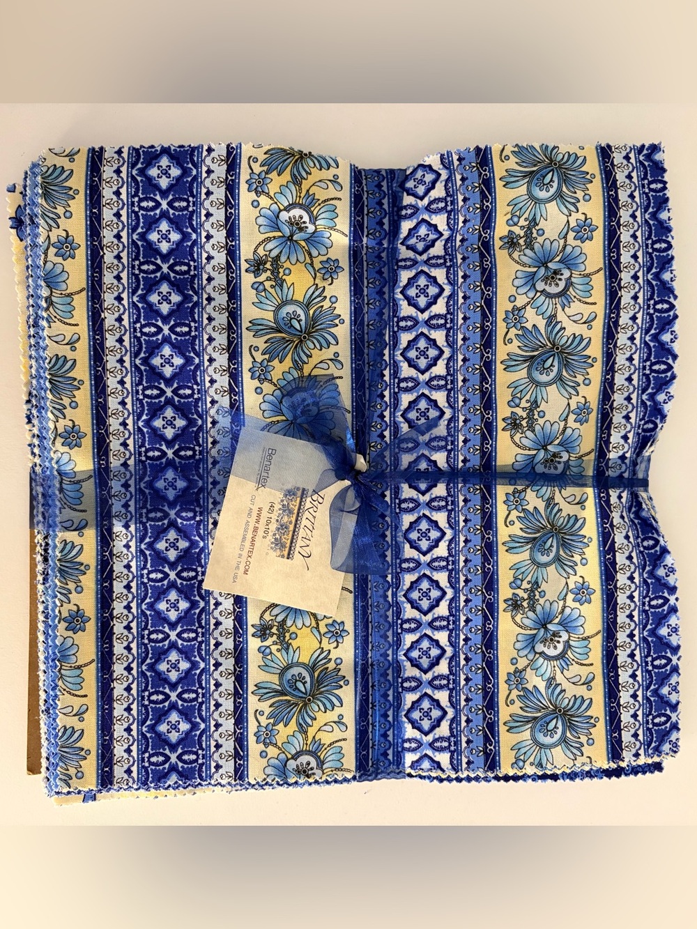 Blue and Cream Floral Stripe Cotton Fabric strips Panel